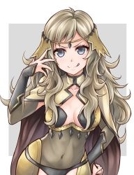 Rule 34 | 1girl, blonde hair, bracer, breasts, cape, cleavage, cleavage cutout, clothing cutout, fire emblem, fire emblem fates, grey eyes, headdress, long hair, looking at viewer, navel, nintendo, ophelia (fire emblem), pantyhose, solo, ten (tenchan man), tongue, tongue out