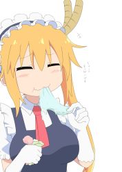 Rule 34 | 10s, 1girl, :3, apron, blonde hair, closed eyes, commentary request, dot nose, dragon horns, eating clothes, eating panties, female pervert, gloves, gobanme no mayoi neko, highres, horns, kobayashi-san chi no maidragon, maid, maid apron, maid headdress, panties, pervert, saliva, solo, tohru (maidragon), twintails, underwear, white gloves, yuri
