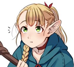 Rule 34 | 1girl, aged down, alternate hairstyle, blonde hair, blue robe, braid, choker, dungeon meshi, elf, hair around ear, hair ribbon, highres, holding, holding staff, kakaobataa, long hair, looking up, marcille donato, pointy ears, ponytail, red choker, ribbon, robe, side braid, single braid, solo, staff, white background
