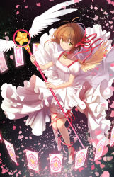 Rule 34 | 1990s (style), 1girl, absurdres, antenna hair, breasts, brown hair, card, cardcaptor sakura, choker, cleavage, closed mouth, dress, feathered wings, flats, freeze (clow card), frills, full body, green eyes, hair between eyes, hair ribbon, highres, holding, holding staff, hoshi no tsue, ice (ice aptx), kinomoto sakura, looking at viewer, mirror (clow card), petals, pink ribbon, retro artstyle, ribbon, short hair, small breasts, smile, solo, staff, voice (clow card), white dress, wings