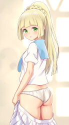 Rule 34 | 1girl, ass, blonde hair, clothes pull, creatures (company), frilled panties, frills, game freak, green eyes, highres, lillie (pokemon), long hair, looking at viewer, n.g., nintendo, panties, parted lips, pokemon, pokemon sm, ponytail, shirt, skirt, skirt pull, solo, underwear, undressing, wedgie, white panties, white shirt, white skirt