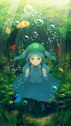 Rule 34 | 1girl, absurdres, akimikan (2.5deciliter), backpack, bag, blue eyes, blue hair, bubble, clownfish, fish, hair bobbles, hair ornament, hat, highres, kawashiro nitori, key, pocket, touhou, twintails, two side up, underwater