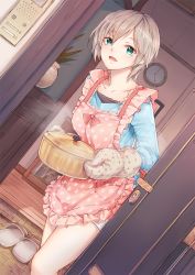Rule 34 | 1girl, anastasia (idolmaster), apron, blouse, blue shirt, breasts, commentary request, door, eleaclarisse, eyelashes, hair between eyes, idolmaster, idolmaster cinderella girls, idolmaster cinderella girls starlight stage, medium hair, plant, shirt, slippers, solo, standing, wooden floor