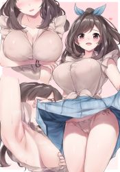 Rule 34 | 1girl, arm under breasts, arm up, armpits, blue bow, blue skirt, blush, bow, breast hold, breasts, brown eyes, brown hair, cameltoe, cleavage, closed mouth, clothes lift, covered erect nipples, diagonal bangs, hair bow, heart, highres, huge breasts, idolmaster, idolmaster shiny colors, lifting own clothes, long hair, looking at viewer, multiple views, no bra, open mouth, panties, ponytail, presenting armpit, shirt, side-tie panties, skirt, skirt lift, sleeve pull, smile, standing, sweat, swept bangs, tied shirt, tsukioka kogane, underwear, white panties, yoi naosuke