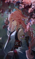 Rule 34 | 1girl, absurdres, animal ears, bare shoulders, cherry blossoms, commentary, cowboy shot, earrings, floppy ears, fox ears, from side, genshin impact, hand on own chin, hand up, highres, jewelry, long hair, looking at viewer, mitsudomoe (shape), mumian doufu, parted lips, pink hair, profile, purple eyes, shirt, sideways glance, sleeveless, sleeveless shirt, solo, symbol-only commentary, tomoe (symbol), turtleneck, very long hair, white shirt, white sleeves, wide sleeves, yae miko