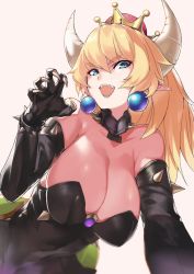 Rule 34 | 1girl, bare shoulders, black dress, blonde hair, blue eyes, bowsette, bracelet, breasts, claws, cleavage, collar, commentary request, crown, dress, earrings, hair between eyes, horns, jewelry, large breasts, looking at viewer, mario (series), new super mario bros. u deluxe, nintendo, ohland, open mouth, pointy ears, sharp teeth, solo, spiked bracelet, spiked collar, spikes, strapless, strapless dress, super crown, teeth, turtle shell