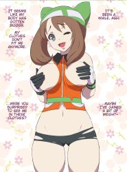 Rule 34 | 00s, 1girl, alternate costume, bandana, between breasts, blush, breast hold, breasts, brown hair, cameltoe, cleft of venus, covering privates, covering breasts, creatures (company), game freak, gloves, grey eyes, highres, large breasts, looking at viewer, makoto daikichi, may (pokemon), may (pokemon emerald), midriff, nintendo, one eye closed, open mouth, pokemon, pokemon (anime), pokemon dppt (anime), short hair, smile, solo, thigh gap, tight clothes, translated, wink