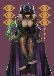 Rule 34 | 1girl, aduti momoyama, bare shoulders, black hair, bodystocking, breasts, cape, cleavage, feet, fire, fire emblem, fire emblem awakening, fire emblem heroes, green fire, hair over one eye, highres, large breasts, long hair, looking at viewer, nail polish, nintendo, official alternate costume, orange nails, purple eyes, sitting, smile, solo, stirrup legwear, tharja (fire emblem), tharja (plegian) (fire emblem), toeless legwear