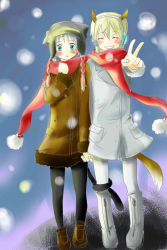 Rule 34 | 2girls, animal ears, black pantyhose, blonde hair, blush, boots, closed eyes, coat, earmuffs, eila ilmatar juutilainen, green eyes, grin, highres, holding hands, long hair, multiple girls, pantyhose, sanya v. litvyak, scarf, shared clothes, shared scarf, shiro29, short hair, silver hair, smile, snow, strike witches, v, white pantyhose, world witches series