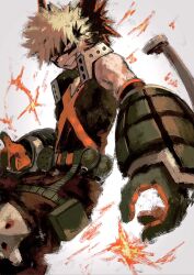 1boy bakugou_katsuki black_tank_top blonde_hair boku_no_hero_academia brown_pants explosive fire fuyumurasaki gloves grenade grin highres male_focus pants red_eyes shirt short_hair simple_background smile solo spiked_hair tank_top teeth white_background