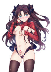 Rule 34 | 1girl, absurdres, aqua eyes, black ribbon, black thighhighs, blush, breasts, brown hair, cameltoe, covered erect nipples, fate/stay night, fate (series), gluteal fold, hair ribbon, highres, long hair, looking at viewer, medium breasts, navel, niko (tama), pubic tattoo, puffy nipples, ribbon, shrug (clothing), simple background, sleeves past wrists, solo, tattoo, thighhighs, tohsaka rin, two side up, underboob, white background