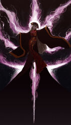Rule 34 | 1girl, absurdres, aura, barefoot, blonde hair, bright pupils, brown dress, commentary request, dress, embroidered dress, embroidery, fire, flying, full body, highres, junko (touhou), long hair, long sleeves, looking at viewer, medium bangs, open mouth, outstretched arms, phoenix crown, purple fire, red tabard, sendai (nazonomono), smile, solo, tabard, touhou, very long hair, white pupils, wide sleeves