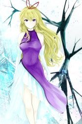 Rule 34 | 1girl, adapted costume, blonde hair, breasts, crack, cracked wall, diamond (gemstone), dress, elbow gloves, expressionless, gloves, hair ribbon, highres, kz nagomiya, legs, light, long hair, looking at viewer, multicolored clothes, multicolored dress, navel, purple dress, purple eyes, ribbon, sleeveless, solo, sparkle, standing, taut clothes, taut dress, thighs, touhou, very long hair, white dress, white gloves, yakumo yukari