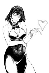 Rule 34 | 1girl, bare shoulders, breasts, cleavage, cleavage cutout, closed mouth, clothing cutout, commentary, covered navel, cowboy shot, dress, english commentary, fingernails, fubuki (one-punch man), greyscale, hand up, head tilt, heart, highres, large breasts, looking at viewer, medium hair, monochrome, one-punch man, simple background, smile, solo, standing, white background, y naf