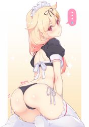 Rule 34 | ..., 1girl, ^^^, ass, bikini, black ribbon, blonde hair, blush, breasts, closed mouth, dan (kumadan), frills, from behind, gradient background, hair flaps, hair ornament, hair ribbon, hairclip, highres, kantai collection, kneeling, leaning forward, long hair, looking at viewer, looking back, maid, maid bikini, maid headdress, mismatched bikini, orange background, puffy short sleeves, puffy sleeves, red eyes, ribbon, short sleeves, shoulder blades, side-tie bikini bottom, small breasts, solo, sparkle, speech bubble, spoken ellipsis, spoken sweatdrop, sweatdrop, swimsuit, thighhighs, twitter username, unconventional maid, white thighhighs, yuudachi (kancolle), yuudachi kai ni (kancolle)