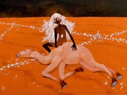 Rule 34 | 1girl, artist logo, black background, camel, closed mouth, completely nude, dark-skinned female, dark skin, dead animal, full body, highres, hole on body, long hair, looking at viewer, nude, on one knee, orange background, orange eyes, orange theme, original, pebble, pink hair, rock, solo, tsurikawa373