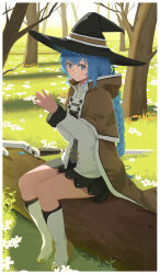 Rule 34 | 1girl, absurdres, black hat, black skirt, black socks, blue eyes, blue hair, boots, braid, capelet, commentary, crystal, flat chest, flower, forest, full body, grass, grey shirt, hat, highres, jacket, log, looking at viewer, mage staff, mushoku tensei, nature, own hands together, roxy migurdia, shirt, sitting, sitting on object, skirt, smile, socks, solo, tenkiraku, tiptoes, twin braids, white capelet, white flower, white footwear, white jacket, witch hat