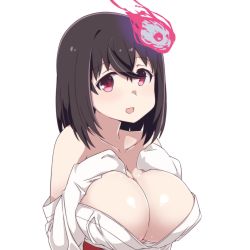 Rule 34 | 1girl, :d, bare shoulders, breasts, cleavage, fire, ghost, hands on own chest, hitodama, japanese clothes, kimono, large breasts, looking at viewer, medium hair, obi, open mouth, pink eyes, sash, smile, solo, tareme, towa rui, towa rui (artist), towa rui channel, upper body, virtual youtuber, white background, white kimono