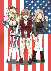 Rule 34 | 10s, 3girls, :d, ;d, absurdres, american flag, asymmetrical legwear, blonde hair, blowing kiss, blue eyes, boots, breasts, brown hair, charlotte e. yeager, cleavage, commentary request, crossover, detached sleeves, fingerless gloves, flag background, garter straps, girls und panzer, gloves, grey eyes, grin, headgear, heart, highres, hoshino banchou, iowa (kancolle), kantai collection, kay (girls und panzer), keygift, knee boots, large breasts, leaning forward, long hair, looking at viewer, miniskirt, mismatched legwear, multiple crossover, multiple girls, one eye closed, open mouth, panties, short shorts, shorts, skirt, smile, star-shaped pupils, star (symbol), strike witches, symbol-shaped pupils, thighhighs, thumbs up, trait connection, underwear, united states, white footwear, white legwear, world witches series, zettai ryouiki