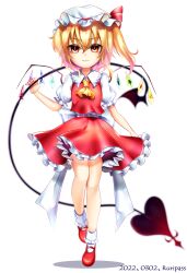 Rule 34 | 1girl, 2022, artist name, ascot, back bow, bobby socks, bow, breasts, closed mouth, crystal, dated, flandre scarlet, frilled shirt collar, frilled skirt, frilled sleeves, frills, full moon, hair between eyes, hat, hat ribbon, highres, holding, holding polearm, holding weapon, laevatein (touhou), large bow, light smile, looking at viewer, mary janes, medium hair, moon, multicolored wings, nail polish, one side up, polearm, red eyes, red footwear, red nails, red ribbon, red skirt, red vest, ribbon, ribbon-trimmed headwear, ribbon trim, ruripasu, shirt, shoes, simple background, skirt, skirt set, small breasts, socks, solo, standing, touhou, vest, weapon, white background, white bow, white hat, white shirt, white socks, wings, yellow ascot