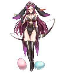 Rule 34 | 1girl, animal ears, arrow (projectile), bare shoulders, black gloves, black leotard, black thighhighs, boots, bow (weapon), breasts, choker, cleavage, coattails, collarbone, covered navel, earrings, egg, elbow gloves, fake animal ears, female focus, fire emblem, fire emblem heroes, flower, full body, gloves, gluteal fold, hair flower, hair ornament, highleg, highleg leotard, highres, holding, holding bow (weapon), holding weapon, jewelry, kusakihara toshiyuki, large breasts, leotard, loki (fire emblem), long hair, looking at viewer, matching hair/eyes, mouth hold, nintendo, official alternate costume, official art, playboy bunny, purple eyes, purple hair, rabbit ears, solo, thigh boots, thighhighs, transparent background, weapon
