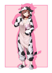 Rule 34 | 1girl, absurdres, animal costume, animal ears, animal print, bell, blush, breasts, brown eyes, brown hair, cleavage, collar, collarbone, commentary request, cow ears, cow girl, cow horns, cow print, fake animal ears, fake horns, fake tail, full body, hair ornament, hairclip, highres, hood, horns, large breasts, long hair, long sleeves, looking at viewer, nanami (virtuareal), nijisanji, one eye closed, open mouth, pink background, sleeves past wrists, slippers, smiley face, solo, standing, tail, virtual youtuber, virtuareal, yellow eyes, z-jun.dd-zhong, zipper