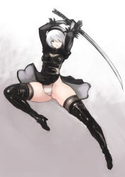 Rule 34 | black dress, black gloves, black thighhighs, blue eyes, boots, breasts, cleavage, dress, fighting stance, gloves, hairband, highres, johan (johan13), jumping, leotard, leotard under clothes, nier (series), nier:automata, short hair, simple background, solo, sword, thigh boots, thighhighs, thighs, two-sided fabric, two-sided skirt, weapon, white background, white hair, white leotard, wind, wind lift, 2b (nier:automata)