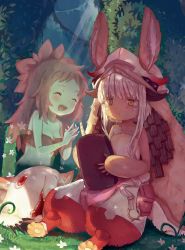 Rule 34 | 2girls, :3, animal ears, blush, body fur, claws, ears through headwear, closed eyes, furry, helmet, hishiuma, long hair, made in abyss, mitty (made in abyss), mitty (made in abyss) (human), monster, monster girl, multiple girls, nanachi (made in abyss), outdoors, rabbit ears, red eyes, red hair, sad smile, sitting, smile, transparent, white hair, writing, yellow eyes