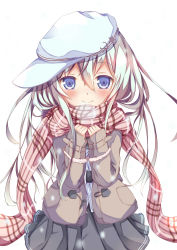 Rule 34 | 10s, 1girl, blue eyes, blush, flat cap, ging1993, hammer and sickle, hat, hibiki (kancolle), highres, jacket, kantai collection, long hair, looking at viewer, plaid, plaid scarf, scarf, silver hair, skirt, smile, solo, star (symbol), verniy (kancolle)