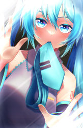 Rule 34 | 1girl, absurdres, black sleeves, blue eyes, blue hair, blue necktie, blush, collared shirt, detached sleeves, grey shirt, hair between eyes, hatsune miku, highres, long hair, long sleeves, looking at viewer, meme, mouth hold, necktie, necktie in mouth, reiro sakura, shirt, sleeveless, sleeveless shirt, solo, twintails, upper body, vocaloid, wing collar