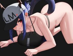 Rule 34 | 1girl, all fours, arknights, ass, bare arms, bare shoulders, baseball cap, bikini, bikini top only, black background, black bikini, blue hair, bottomless, breasts, ch&#039;en (arknights), ch'en (arknights), cleavage, closed mouth, collarbone, dragon girl, dragon horns, dragon tail, female tourist c (arknights), grey hat, hat, heart, horns, horns through headwear, kasasasagi, large breasts, long hair, looking at viewer, red eyes, short ponytail, sidelocks, simple background, solo, swimsuit, tail