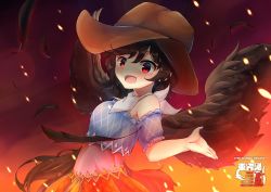 Rule 34 | 1girl, bandana, bare shoulders, black hair, black wings, blue shirt, blush, brown hat, commentary, copyright name, cowboy hat, embers, feathered wings, feathers, gradient background, hair between eyes, hat, highres, kurokoma saki, looking at viewer, off-shoulder shirt, off shoulder, open mouth, orange background, orange skirt, red background, red eyes, sachisudesu, shirt, shnva (style), short hair, short sleeves, skirt, solo, touhou, upper body, white bandana, wily beast and weakest creature, wings