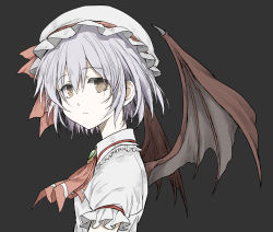 Rule 34 | 1girl, absurdres, ascot, bat wings, black background, closed mouth, from side, hat, hat ribbon, highres, light purple hair, looking at viewer, mob cap, red ascot, red eyes, red ribbon, red wings, remilia scarlet, ribbon, shimoda masaya, short hair, short sleeves, simple background, solo, touhou, upper body, white hat, wings