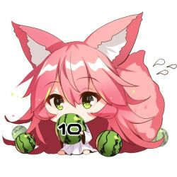 Rule 34 | 1girl, animal ear fluff, animal ears, barefoot, chibi, commentary request, covered mouth, dress, flying sweatdrops, food, fox ears, fox girl, fox tail, fruit, green eyes, hair between eyes, holding, holding food, long hair, long sleeves, original, pink hair, sidelocks, simple background, sitting, solo, tail, tail raised, very long hair, watermelon, white background, white dress, wide sleeves, yuuji (yukimimi)