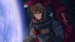 Rule 34 | 1girl, alternate costume, brown eyes, brown hair, closed mouth, commentary request, dated, earth (planet), girls und panzer, hair between eyes, highres, light smile, looking away, nishizumi maho, planet, shinmai (kyata), solo, space, spacesuit, star (sky), tagme, twitter username