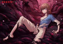 Rule 34 | 1boy, arm support, arsh (thestarwish), belt, blue eyes, blue shirt, brown belt, brown hair, brown pants, clenched teeth, collarbone, commentary request, energy, heart, highres, knee up, layered sleeves, link, long sleeves, looking at viewer, lying, male focus, navel, nintendo, pants, penis, pointy ears, ponytail, shirt, short over long sleeves, short sleeves, solo, sweatdrop, teeth, the legend of zelda, the legend of zelda: breath of the wild, torn clothes, torn pants, torn shirt, tunic