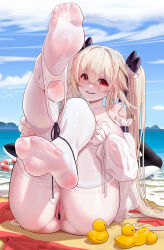 Rule 34 | 1girl, anchorage (azur lane), anchorage (dolphins and swim lessons) (azur lane), armpit crease, azur lane, bare shoulders, beach, bikini, black bikini, black bow, blonde hair, blue sky, blush, bow, breasts, cameltoe, censored, cleavage, cleft of venus, cloud, cloudy sky, collarbone, crossed bangs, day, detached sleeves, dolphin, feet, female pubic hair, foot focus, foreshortening, grin, hair between eyes, hair bow, highres, horizon, hugging own legs, knees together feet apart, large breasts, leaning back, legs, legs up, long hair, long sleeves, manzai sugar, mountain, no shoes, ocean, open mouth, outdoors, pubic hair, pussy, red eyes, see-through, see-through legwear, shore, side-tie bikini bottom, sidelocks, sitting, skindentation, sky, smile, soles, solo, swimsuit, thick thighs, thighhighs, thighs, toes, twintails, water, wet thighhighs, white sleeves, white thighhighs