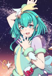 Rule 34 | 1girl, arm up, blush, cure milky, disco brando, earrings, green eyes, green hair, hagoromo lala, hair between eyes, highres, jewelry, looking at viewer, open mouth, precure, short hair, short hair with long locks, short sleeves, sidelocks, smile, solo, star-shaped pupils, star (symbol), star earrings, star twinkle precure, symbol-shaped pupils, teeth, upper teeth only