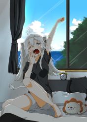 Rule 34 | 1girl, ahoge, alternate costume, animal ears, barefoot, bed, black shirt, breasts, commentary request, ear piercing, full body, grey eyes, hair between eyes, highres, hololive, homura minori, large breasts, lion ears, lion girl, lion tail, long hair, loungewear, morning, open mouth, piercing, shirt, shishiro botan, short sleeves, shorts, sidelocks, silver hair, solo, stretching, stuffed animal, stuffed lion, stuffed toy, tail, thigh strap, two side up, virtual youtuber, waking up, white shorts, window, yawning