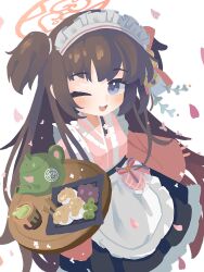 Rule 34 | 1girl, blue archive, blush, brown hair, food, green tea, halo, highres, holding, holding tray, japanese clothes, kimono, long sleeves, looking at viewer, maid, maid headdress, one eye closed, open mouth, pink halo, pink kimono, purple eyes, shirota (petapeta84), shizuko (blue archive), solo, tea, tray, wa maid, wide sleeves