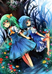 Rule 34 | 2girls, anthiea, ascot, bad id, bad pixiv id, barefoot, blue eyes, blue hair, bow, cirno, daiyousei, dress, dress shirt, dutch angle, flower, green eyes, green hair, hair bow, leaf, light particles, looking away, multiple girls, open hand, open mouth, ribbon, rose, shirt, short hair, side ponytail, sitting, skirt, soaking feet, standing, touhou, tree, vest, water, wings, yousei daisensou