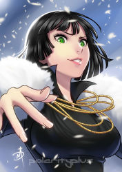 Rule 34 | 1girl, black hair, breasts, eyelashes, eyeshadow, feather boa, female focus, fubuki (one-punch man), green eyes, high collar, jewelry, large breasts, lips, makeup, necklace, one-punch man, outstretched hand, polarityplus, short hair, snow, solo