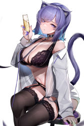 Rule 34 | 1girl, animal ear fluff, animal ears, black bra, black collar, black panties, blue hair, bra, breasts, brown thighhighs, cat ears, cat girl, cat tail, cleavage, collar, colored inner hair, cup, drinking glass, garter belt, highres, holding, holding cup, hololive, large breasts, long sleeves, looking at viewer, lumium, midriff, multicolored hair, nail polish, navel, nekomata okayu, nekomata okayu (oversized shirt), off shoulder, panties, parted lips, purple eyes, purple hair, purple nails, shirt, simple background, sitting, solo, stomach, tail, tail raised, thighhighs, underwear, virtual youtuber, white background, white shirt