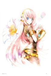 Rule 34 | 1girl, armband, blue eyes, flower, highres, kei (keigarou), long hair, looking back, megurine luka, official art, own hands together, pink hair, simple background, solo, vocaloid, white background