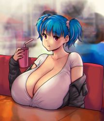 Rule 34 | 1girl, bad id, bad twitter id, black jacket, breasts, cleavage, collarbone, cup, drinking straw, erkaz, head tilt, highres, holding, holding cup, huge breasts, jacket, looking at viewer, off shoulder, original, red eyes, rina atherina, shirt, short hair, sitting, smile, solo, twintails, veins, veiny breasts, white shirt