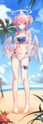 Rule 34 | 1girl, angel wings, artist request, bare shoulders, barefoot, bikini, blue archive, blue bow, blue flower, blue halo, blue sky, blush, bow, bow bikini, breasts, check artist, cleavage, cloud, cloudy sky, collarbone, crescent, crescent hair ornament, cross, day, dot nose, double bun, dysoor, feathered wings, feet, fingernails, flower, full body, grin, groin, hair bun, hair flower, hair ornament, hair ribbon, halo, hibiscus, highres, holding sarong, knees, large breasts, legs, looking at viewer, low wings, mika (blue archive), multi-strapped bikini bottom, nail polish, navel, ocean, otakueden1995, outdoors, palm tree, pink hair, pink halo, pink nails, pink ribbon, red flower, ribbon, sand, sarong, second-party source, side-tie bikini bottom, sky, smile, solo, standing, stomach, sweat, swimsuit, teeth, thigh bow, thigh strap, thighs, toenail polish, toenails, toes, tree, underboob, white sarong, white wings, wings