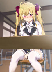 1girl ahoge blonde_hair blush bow bowtie breasts chair classroom crying crying_with_eyes_open desk embarrassed floor hair_ribbon highres indoors large_breasts legs long_hair looking_down nijisanji peeing pink_eyes ribbon school_uniform sitting skirt solo takamiya_rion tears tenkafubu_rengou thighhighs thighs twintails virtual_youtuber white_thighhighs zettai_ryouiki