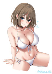 Rule 34 | 1girl, alternate costume, bare shoulders, bikini, blue eyes, blush, breasts, brown hair, cleavage, collarbone, commentary request, cowboy shot, cropped legs, ebifurya, front-tie bikini top, front-tie top, grin, hair ornament, hairclip, highres, kantai collection, large breasts, looking at viewer, maya (kancolle), maya kai ni (kancolle), navel, one-hour drawing challenge, short hair, side-tie bikini bottom, smile, solo, spread legs, stomach, swimsuit, twitter username, white background, white bikini, x hair ornament