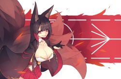 Rule 34 | 1girl, akagi (azur lane), animal ear fluff, animal ears, azur lane, black gloves, blunt bangs, breasts, cleavage, detached sleeves, fang, fox ears, fox tail, gloves, highres, large breasts, long sleeves, looking at viewer, multiple tails, parted lips, pleated skirt, red eyes, red skirt, skirt, smile, solo, standing, sub-res, tail, wide sleeves