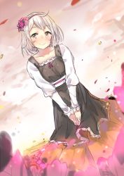 Rule 34 | 1girl, blush, breasts, brown eyes, collarbone, dress, dutch angle, hairband, petals, short hair, silver hair, sky, small breasts, smile, solo, tears, v arms, yuran